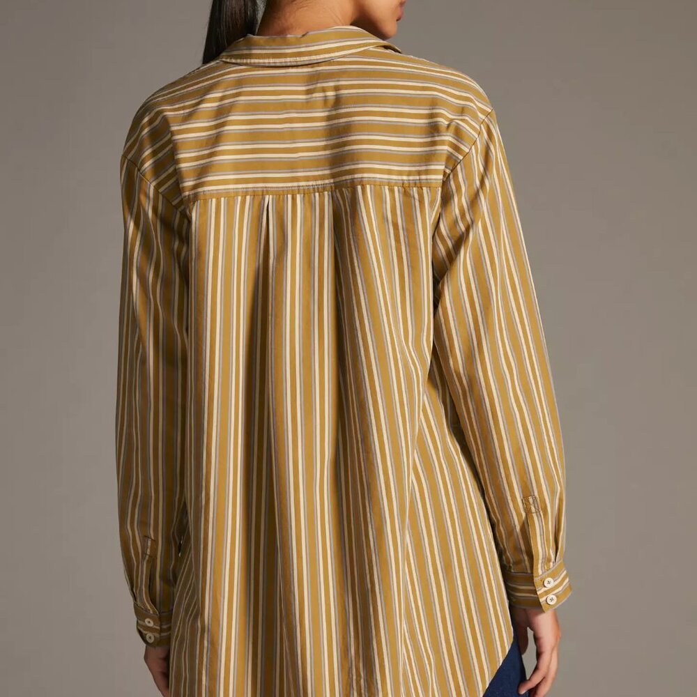 By Anthropologie Olive Green Blue Striped Side-Button Tunic Blouse Size Medium - Picture 2 of 9